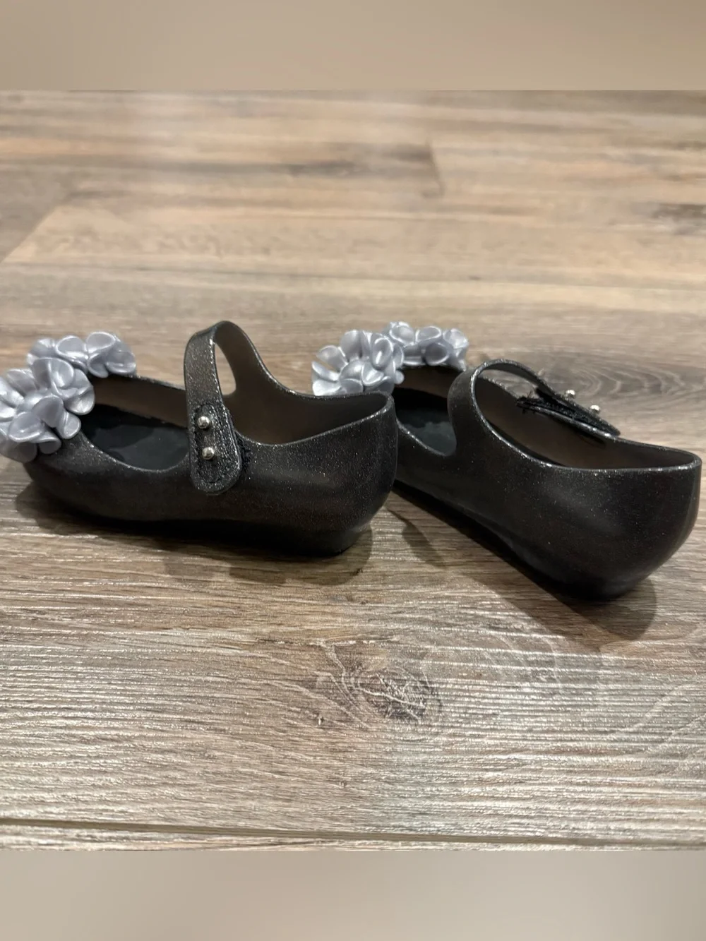 Mini Melissa Girls Black Mary Jane Flats with Silver Flower Accents